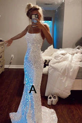 Mermaid White Iridescent Prom Dress 2025 Sequin Sparkly Evening Gown Backless MyChicDress